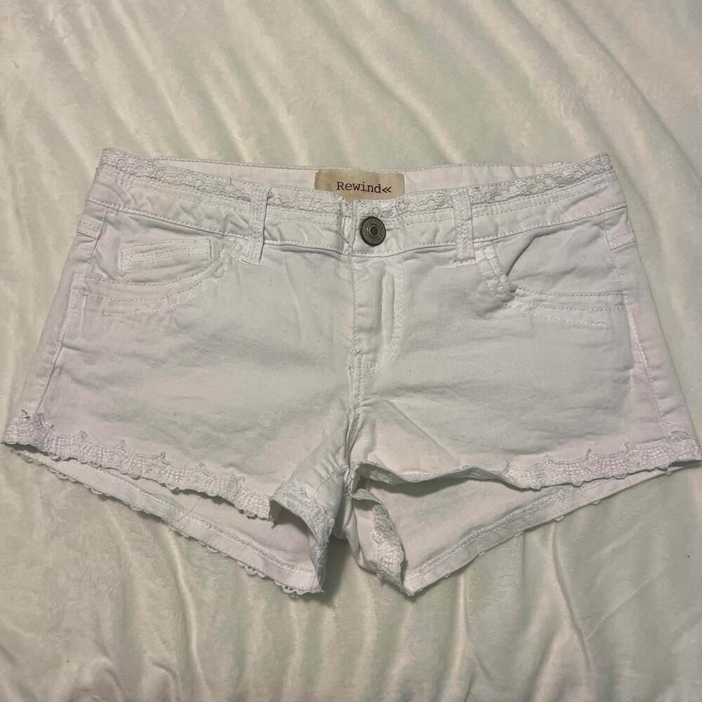 Rewind Low Rise Lace Trim White Denim Micro Mini Shorts